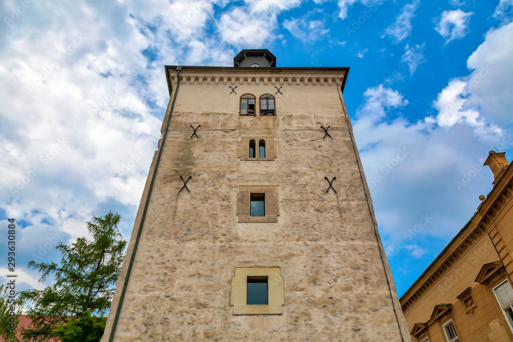 Frontal view of Lotrscak Tower in the old historic upper town of Zagreb, Croatia. Image