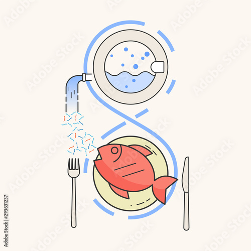 Microfiber pollution. By washing synthetic fabric, millions of microfibers are released into the water, contaminating ocean and food chain. Vector illustration.