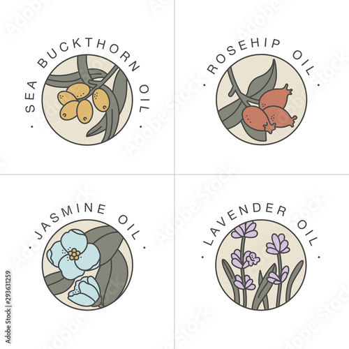 Vector set design templates and emblems - healthy and cosmetics oils. Different natural, organic oils. Logos in trendy linear style.