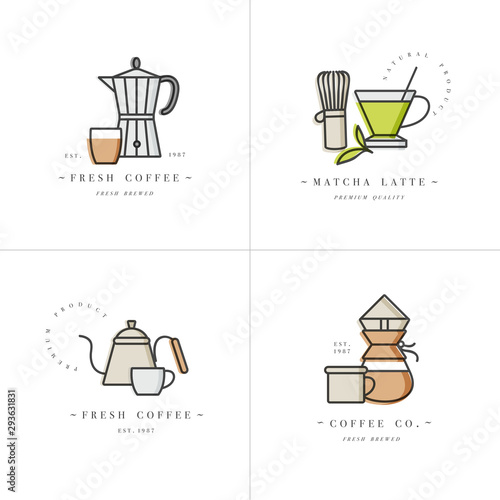Vector set design colorful templates logos and emblems - coffee shop and cafe. Food icon. Labels in trendy linear style isolated on white background.