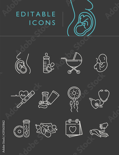 Vector set icons of obstetrics and pregnancy. Line flat contour, thin and linear design for adoption and babysitter. Simple icons.