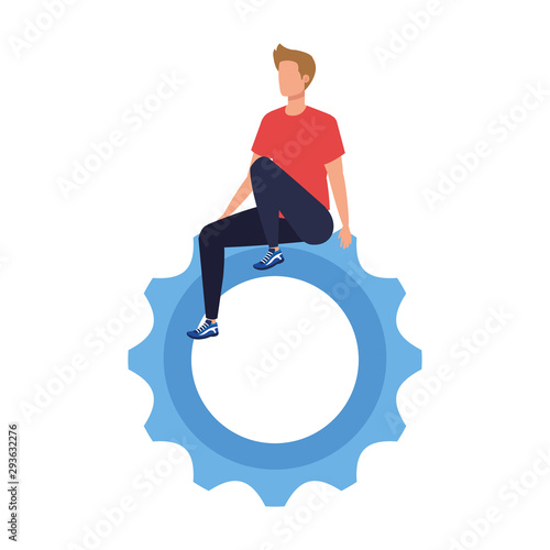 young man sitting in gear pinion vector illustration design