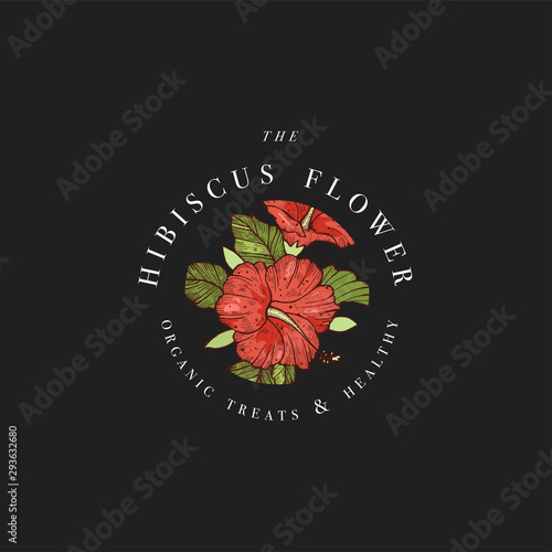 Hand draw vector hibiscus flowers logo illustration. Floral wreath. Botanical floral emblem with typography on black background.