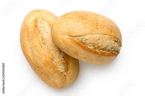 Two white french bread rolls isolated on white from above. Top view. photo