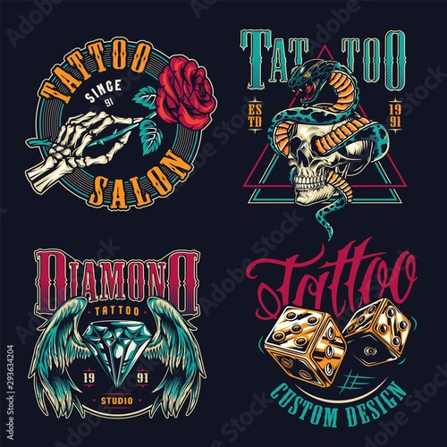 Vintage tattoo studio colorful badges