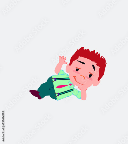 Businessman in casual style lying, greets with a dreamy expression.