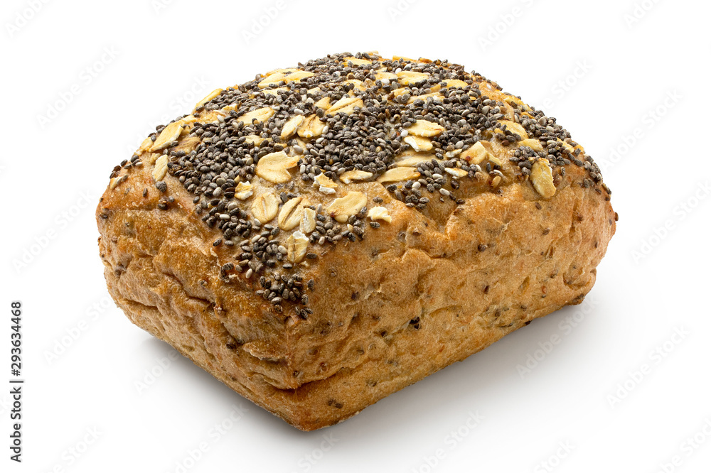 Whole grain bread roll with oats and poppy seeds isolated on white. Whole grain bread roll with oats and poppy seeds isolated on white.