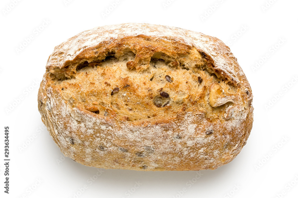 Whole grain french bread roll isolated on white. Top view.