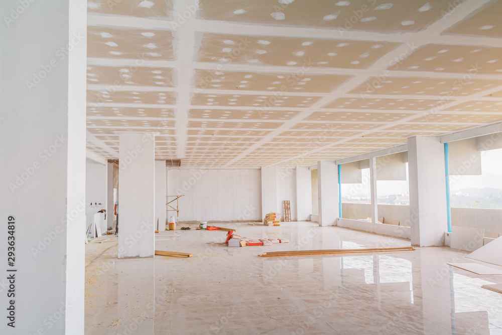 gypsum board ceiling structure and plaster mortar wall painted foundation white decorate