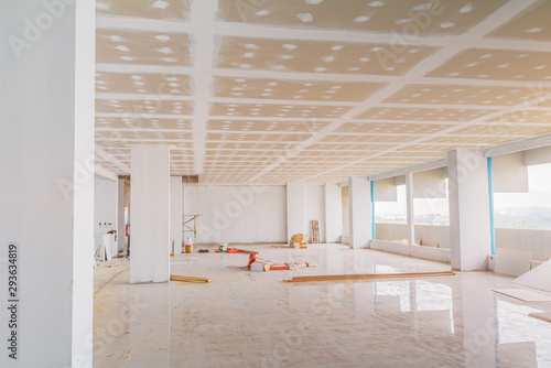 gypsum board ceiling structure and plaster mortar wall painted foundation white decorate interior room in building construction site