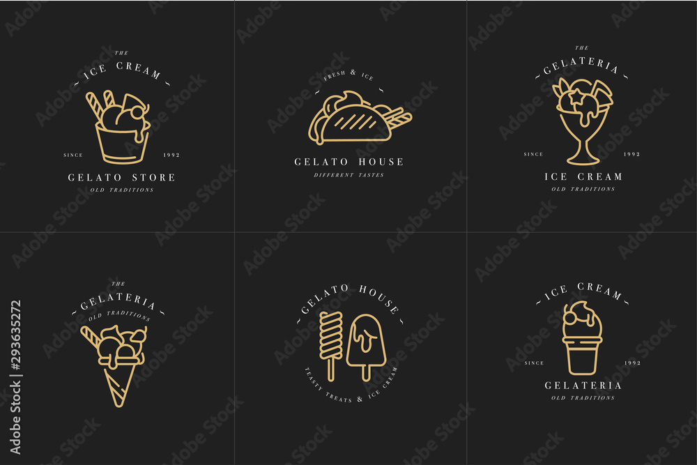 Vector set design golden templates logo and emblems - ice cream and gelato. Difference ice cream icons. Logos in trendy linear style isolated on white background.