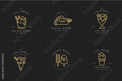 Vector set design golden templates logo and emblems - ice cream and gelato. Difference ice cream icons. Logos in trendy linear style isolated on white background.