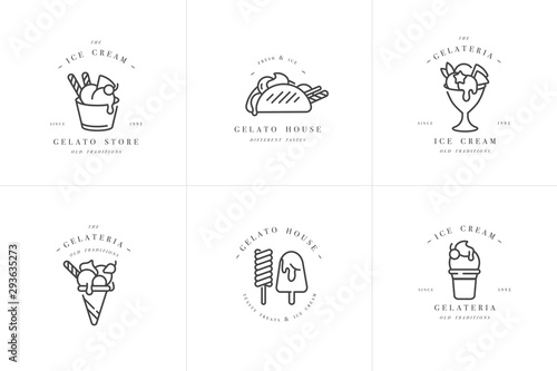 Vector set design colorful templates logo and emblems - ice cream and gelato. Difference ice cream icons. Logos in trendy linear style isolated on white background.