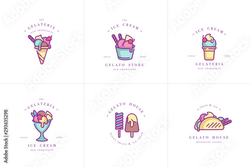 Vector set design colorful templates logo and emblems - ice cream and gelato. Difference ice cream icons. Logos in trendy linear style isolated on white background.