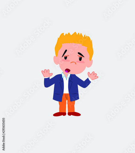 Businessman in casual style makes a gesture of tired resignation.