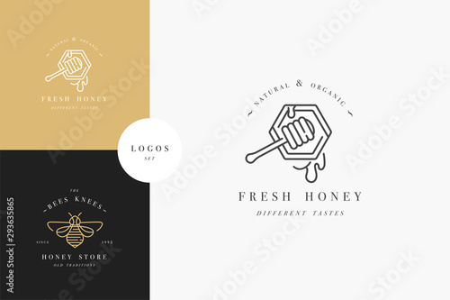 Vector set illustartion logos and design templates or badges. Organic and eco honey labels and tags with bees. Linear style and golden color.