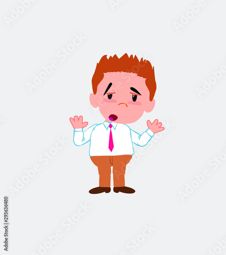 Businessman in casual style makes a gesture of tired resignation.