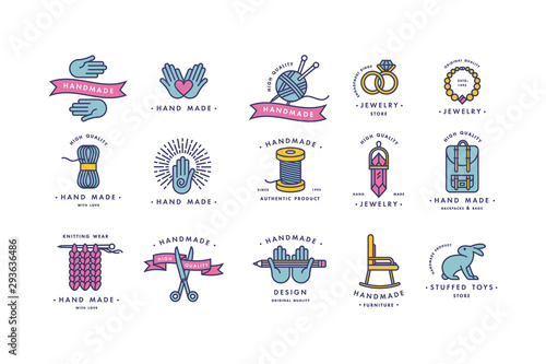 Handmade colorful line logos set. Handmade linear badges or handmade outline labels. Knitwear and sewing symbols. Vector illustration.
