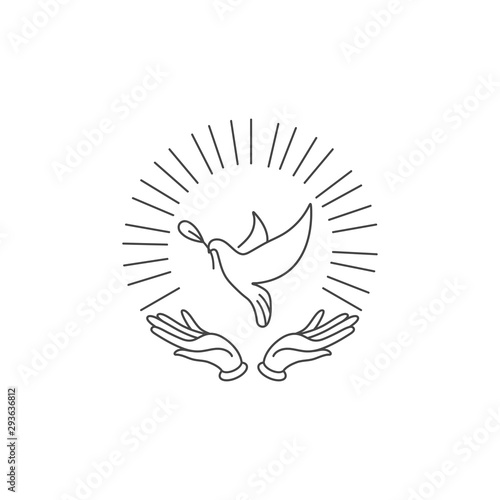 Vector linear illustration hands with dove holding olive branch. Symbol of peace on earth.