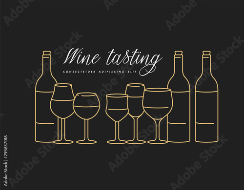 Vector concept of wine tasting for bar or restaurant. Different types of glasses and bottles of wine.