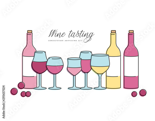 Vector concept of wine tasting for bar or restaurant. Different types of glasses and bottles of wine.