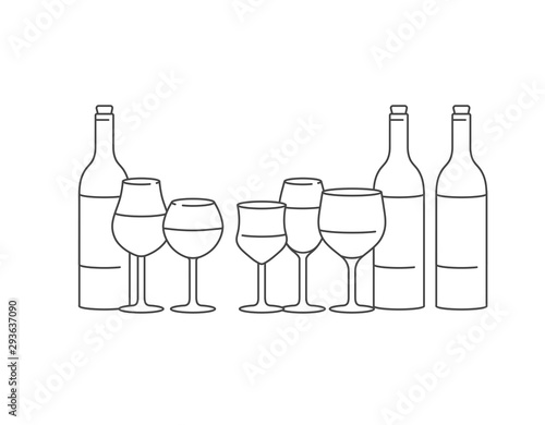 Vector concept of wine tasting for bar or restaurant. Different types of glasses and bottles of wine.