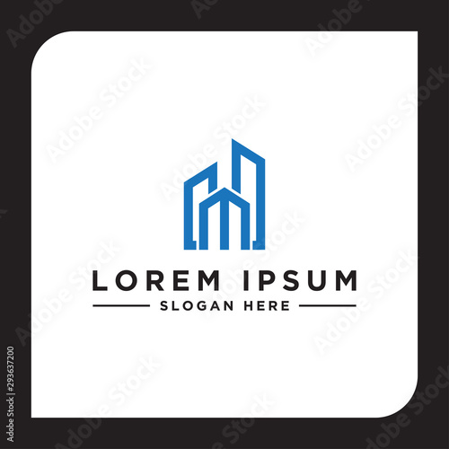 Initial concept of the M logo with a vector building template for construction.