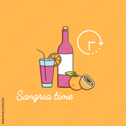 Vector linear illustration of sangria wine with glass and ingredients. Orange fruit with citrus slice. Isolated on white background. Traditional spanish drink.