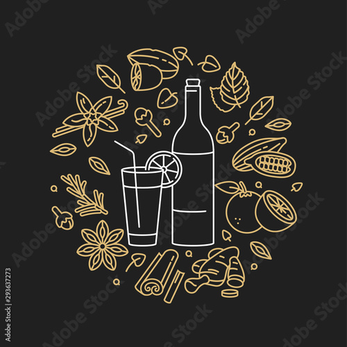 Vector linear illustration of mulled wine with glass and ingredients. Different spices-cinnamon stick, clove and citrus slice. Isolated on black background. Golden color.