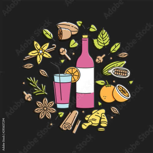 Vector linear illustration of mulled wine with glass and ingredients. Different spices-cinnamon stick, clove and citrus slice. Isolated on black background.