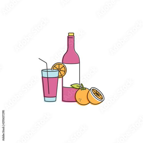 Vector linear illustration of sangria wine with glass and ingredients. Orange fruit with citrus slice. Isolated on white background. Traditional spanish drink.