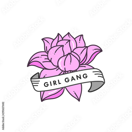 Girl power quote. Vector illustrtion of lotus flower with ribbon. Feminism slogan.