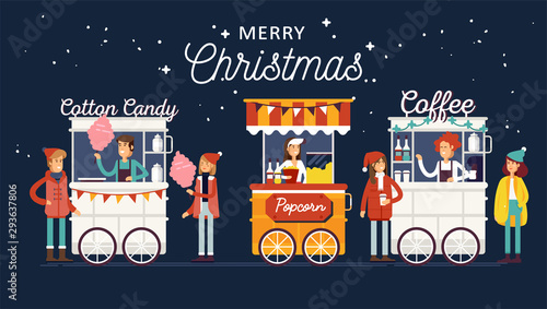Creative detailed vector street coffee cart, popcorn and cotton candy shop with sellers. Young people buy street food or junk food in christamas food festival event.