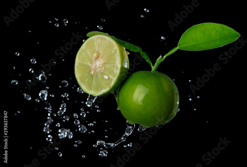 Fresh lime with water splash flying in the air isolated on black background