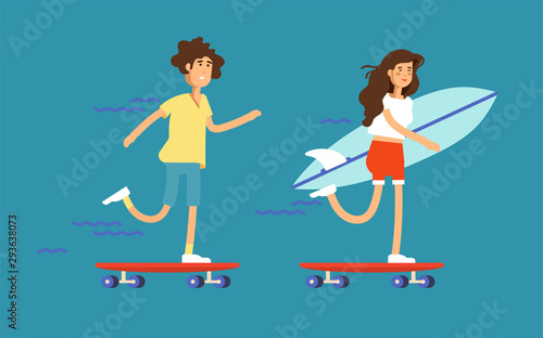 Vector illustration of a couple boy and girl skateboarders riding a skateboards and holding surfboard.