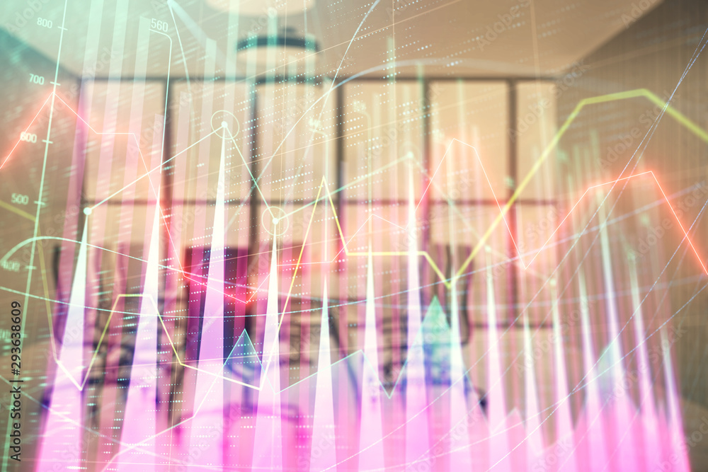 Multi exposure of stock market graph on conference room background. Concept of financial analysis Multi exposure of stock market graph on conference room background. Concept of financial analysis