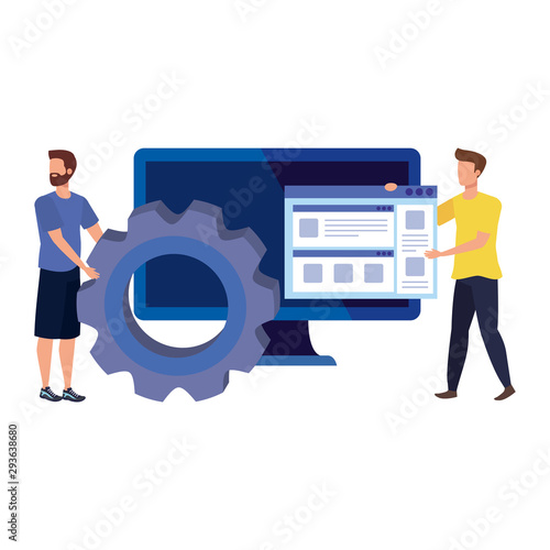 young men with web page and icons vector illustration design