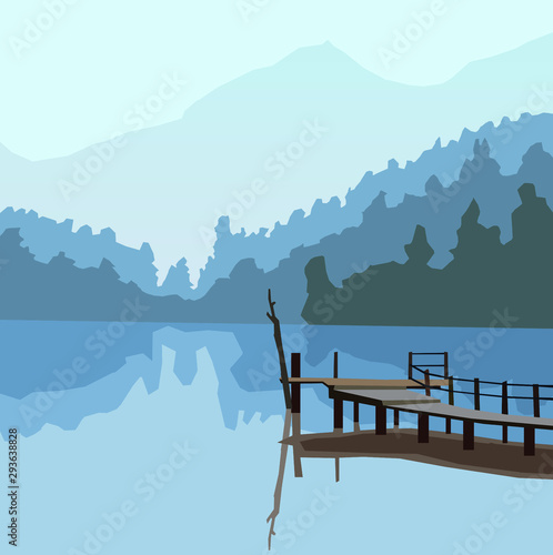 Looking for peace. Foggy mountains, forest and footbridge on the river.