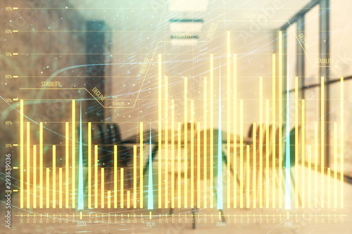 Multi exposure of stock market graph on conference room background. Concept of financial analysis © Andrey