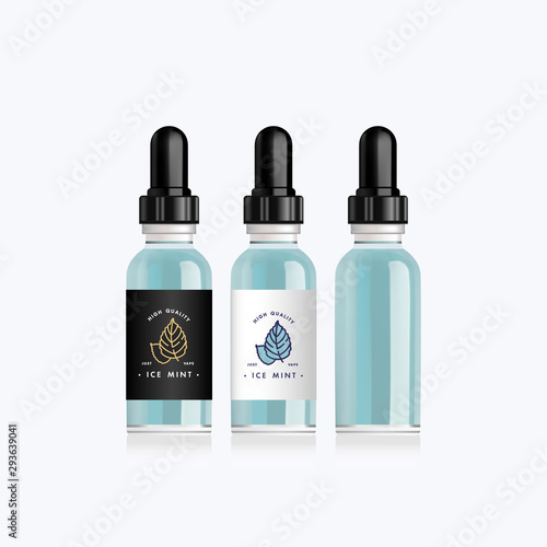 Realistic bottle mock up with tastes vanilla and almond for an electronic cigarette. Dropper bottle with design white or black labels. Vector illustration.