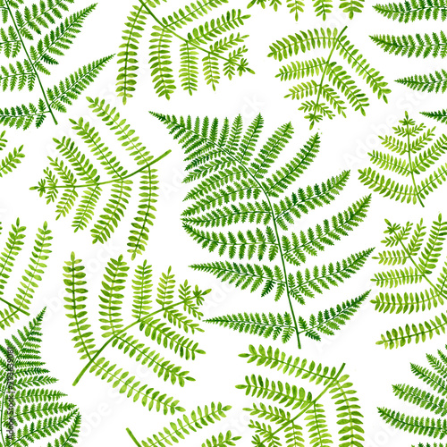 Watercolor green fern leaves seamless pattern. Hand drawn botanical illustration isolated on white background. Floral illustration for textile, fabrics, design, wallpaper, covers, cards, invitation.