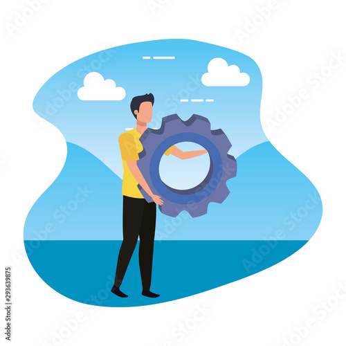 young man with gear pinion in landscape vector illustration design