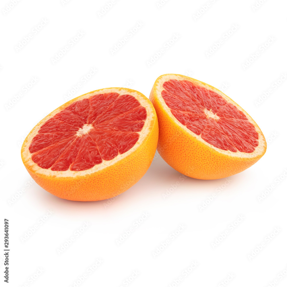 Fresh grapefruit orange/pomelo half cut into two equal parts with a juicy red pulp. Isolated on white background. Side view. Fresh grapefruit orange/pomelo half cut into two equal parts with a juicy red pulp. Isolated on white background. Side view.