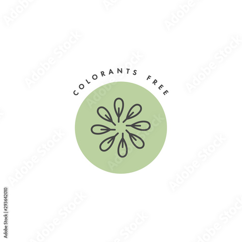 Vector logo, badge and icon for natural and organic products. Colorants free sign design. Symbol of healthy product.