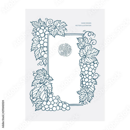 Grape and vine frame and logo. Grape and vine bunches engraving style hand drawn vector illustration. Part of set.