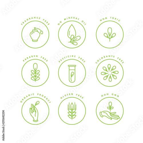 Vector set of logos, badges and icons for natural and organic products. Eco safe sign design. Collection symbol of healthy products.