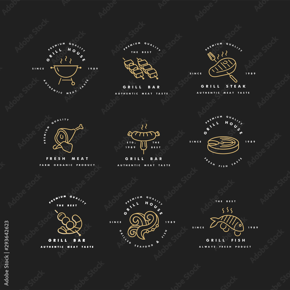 Vector set of golden logos design and templates for grill house. Meat emblems or badges of steak, sausage. fish and other types of meat. Vector set of golden logos design and templates for grill house. Meat emblems or badges of steak, sausage. fish and other types of meat.