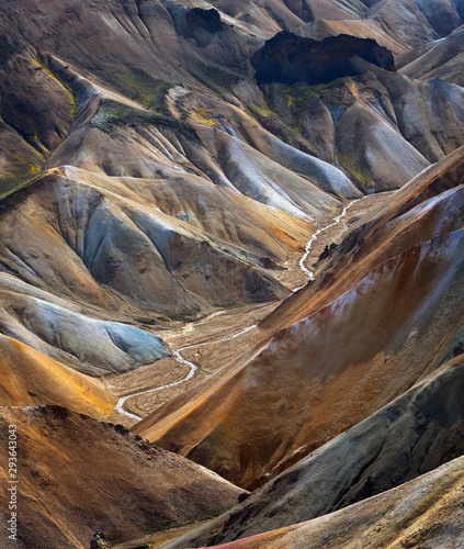 River along a Valley in Landmannalaugar among colorful mountains, Iceland photo