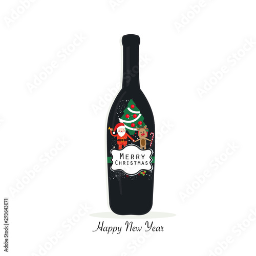 Christmas black wine bottle with Santa Claus, deer and tree vector greeting card
