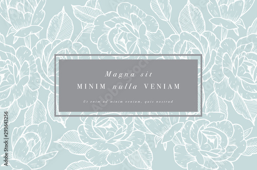 Vintage card with rose flowers. Floral wreath. Flower frame for flowershop with label designs. Summer floral rose greeting card. Flowers background for cosmetics packaging.
